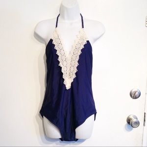 NWOT Navy Crochet Neckline One Piece Swimsuit